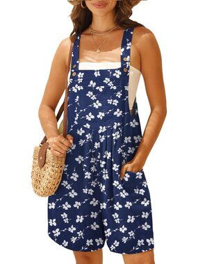 Women's Navy Blue Rompers Summer Wide Leg Shorts Overalls Adjustable Strap Bib